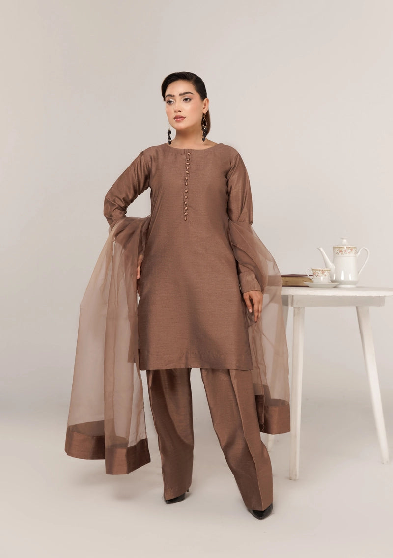 Firdous Eid Raw Silk Brown Suit With Farshi Salwar and Net Dupatta