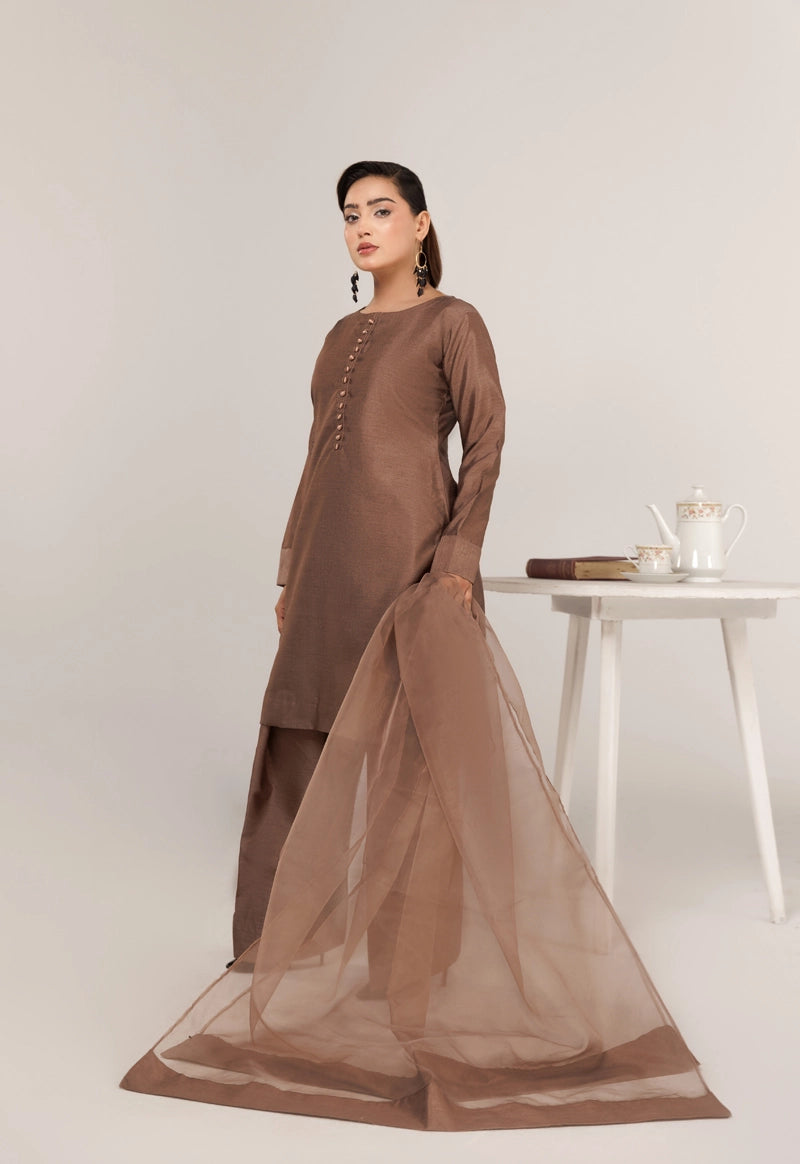 Firdous Eid Raw Silk Brown Suit With Farshi Salwar and Net Dupatta