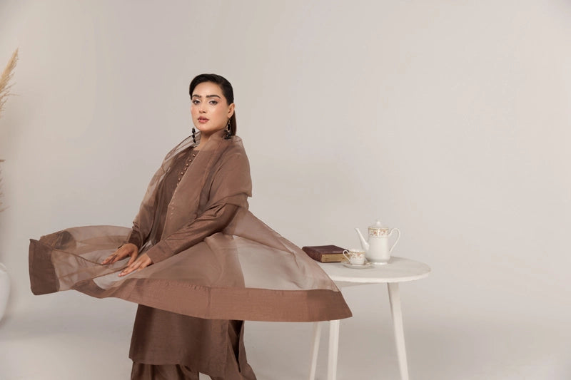 Firdous Eid Raw Silk Brown Suit With Farshi Salwar and Net Dupatta