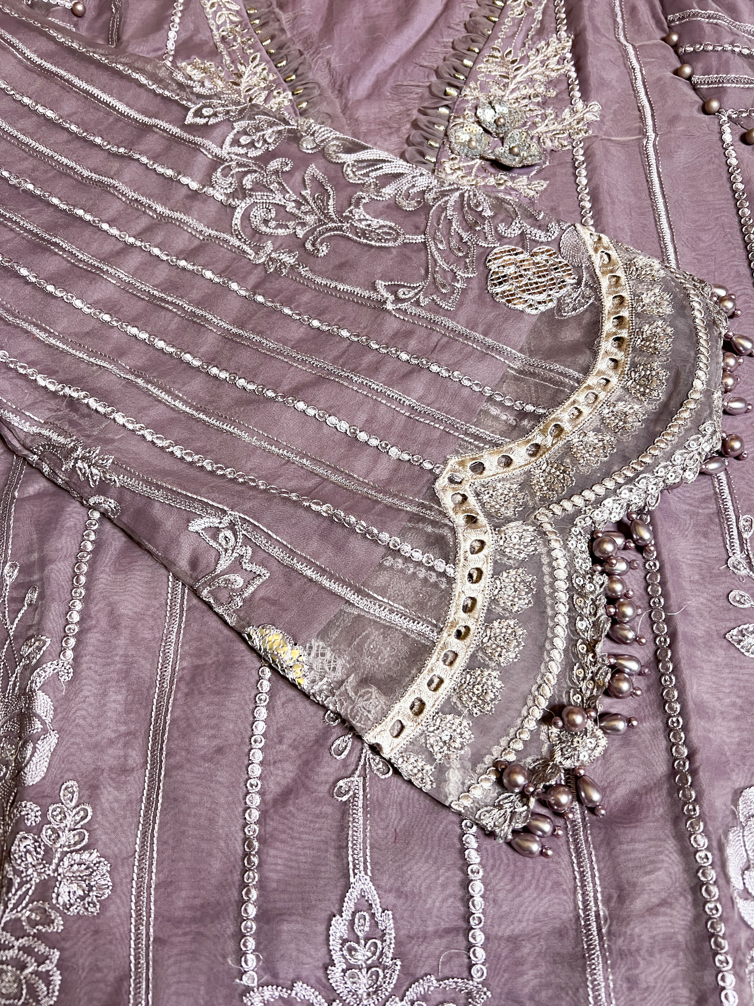 Maria B Inspired Chikan Embroidered Lilac 3 Piece Outfit With Net Dupatta - Desi Posh