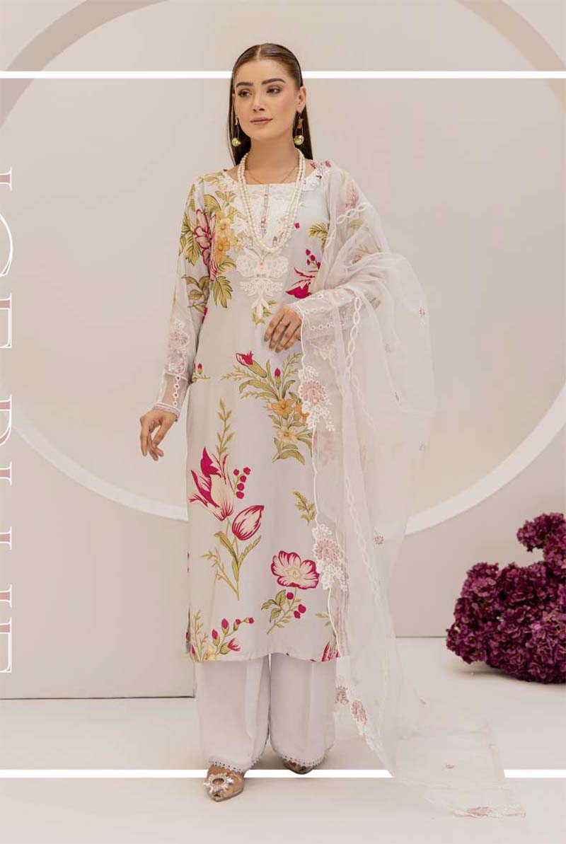 Bahar Floral Linen Suit With Embroidered Net Dupatta DG10