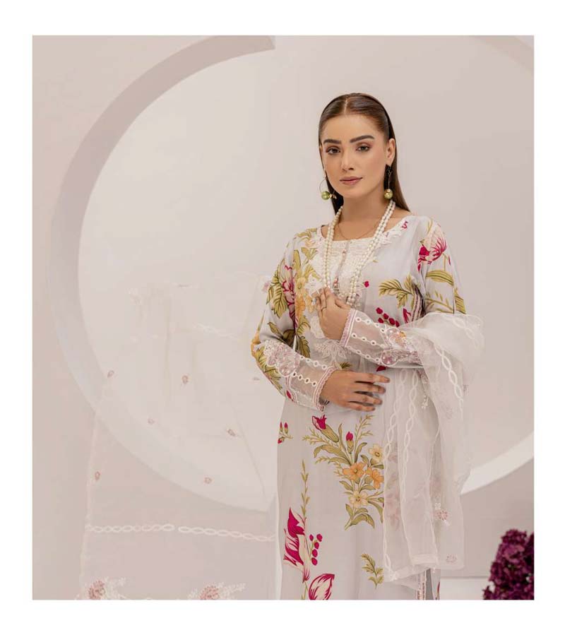 Bahar Floral Linen Suit With Embroidered Net Dupatta DG10