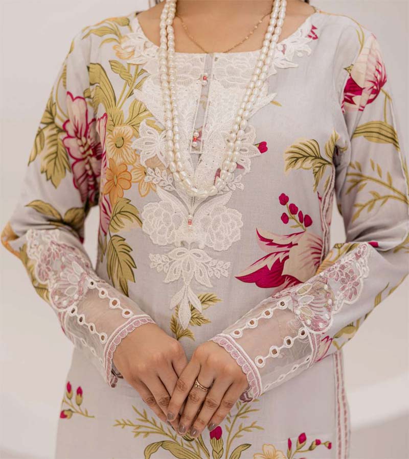 Bahar Floral Linen Suit With Embroidered Net Dupatta DG10