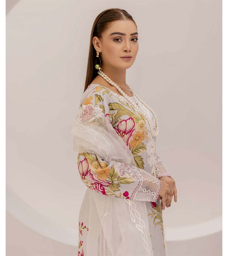 Bahar Floral Linen Suit With Embroidered Net Dupatta DG10