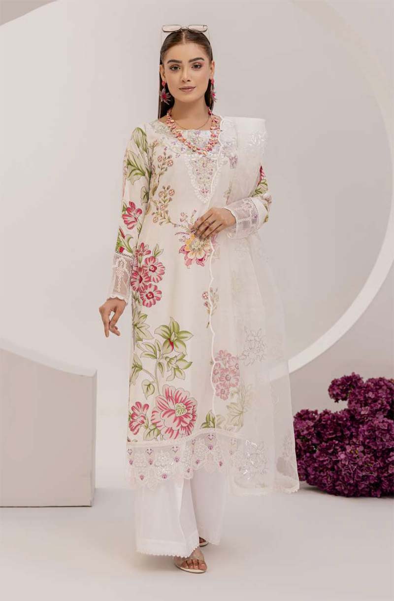 Bahar Floral Linen Suit With Embroidered Net Dupatta DG07