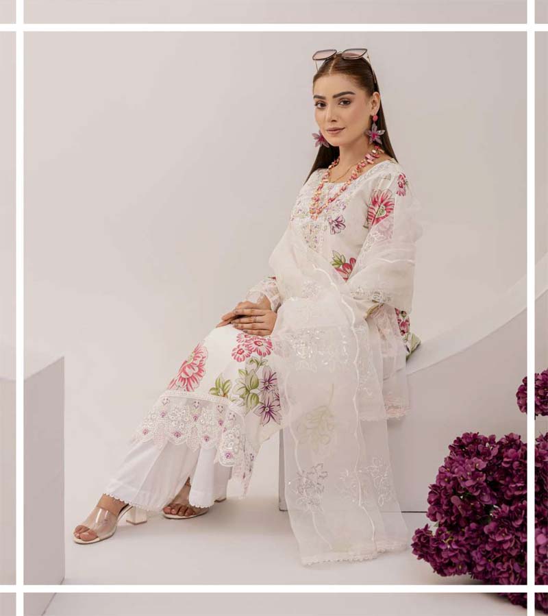 Bahar Floral Linen Suit With Embroidered Net Dupatta DG07