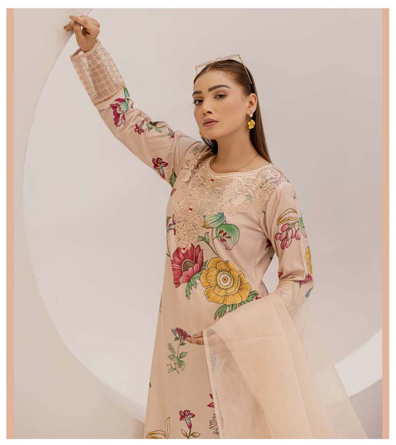 Bahar Floral Linen Suit With Embroidered Net Dupatta DG08