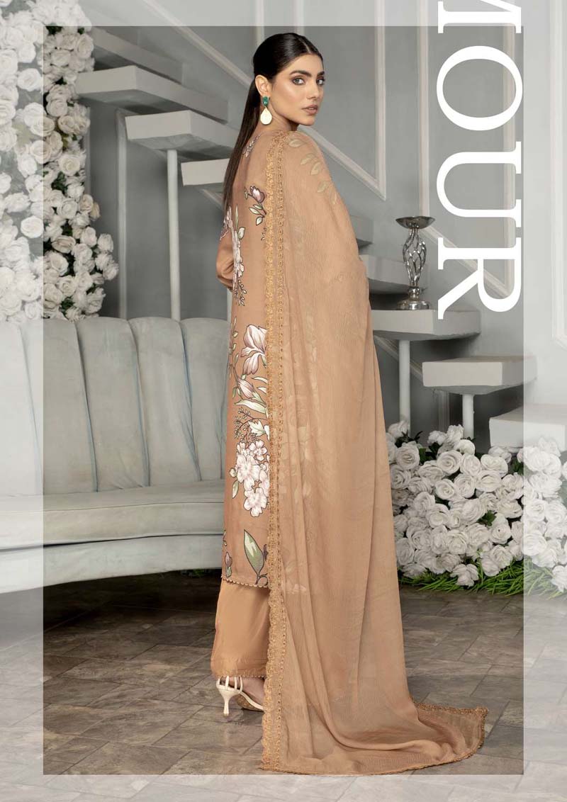 Bahar Floral Linen Suit With Embroidered Chiffon Dupatta BF01 - Desi Posh