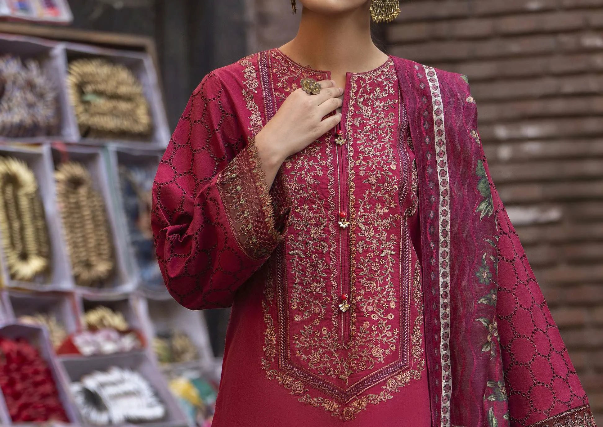 Bazaar Summer Festive Eid Collection Burgundy Embroidered Suit