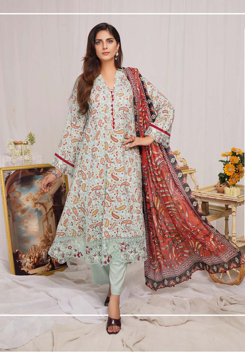 Munira Digital Print Linen Outfit with Barosia Dupatta MSL7