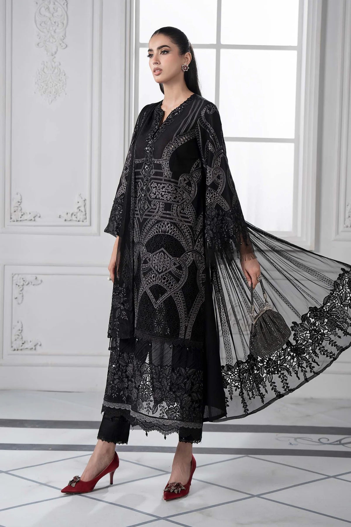 Maria B D-2512-B Inspired Chikan Embroidered 3 Piece Outfit With Net Dupatta