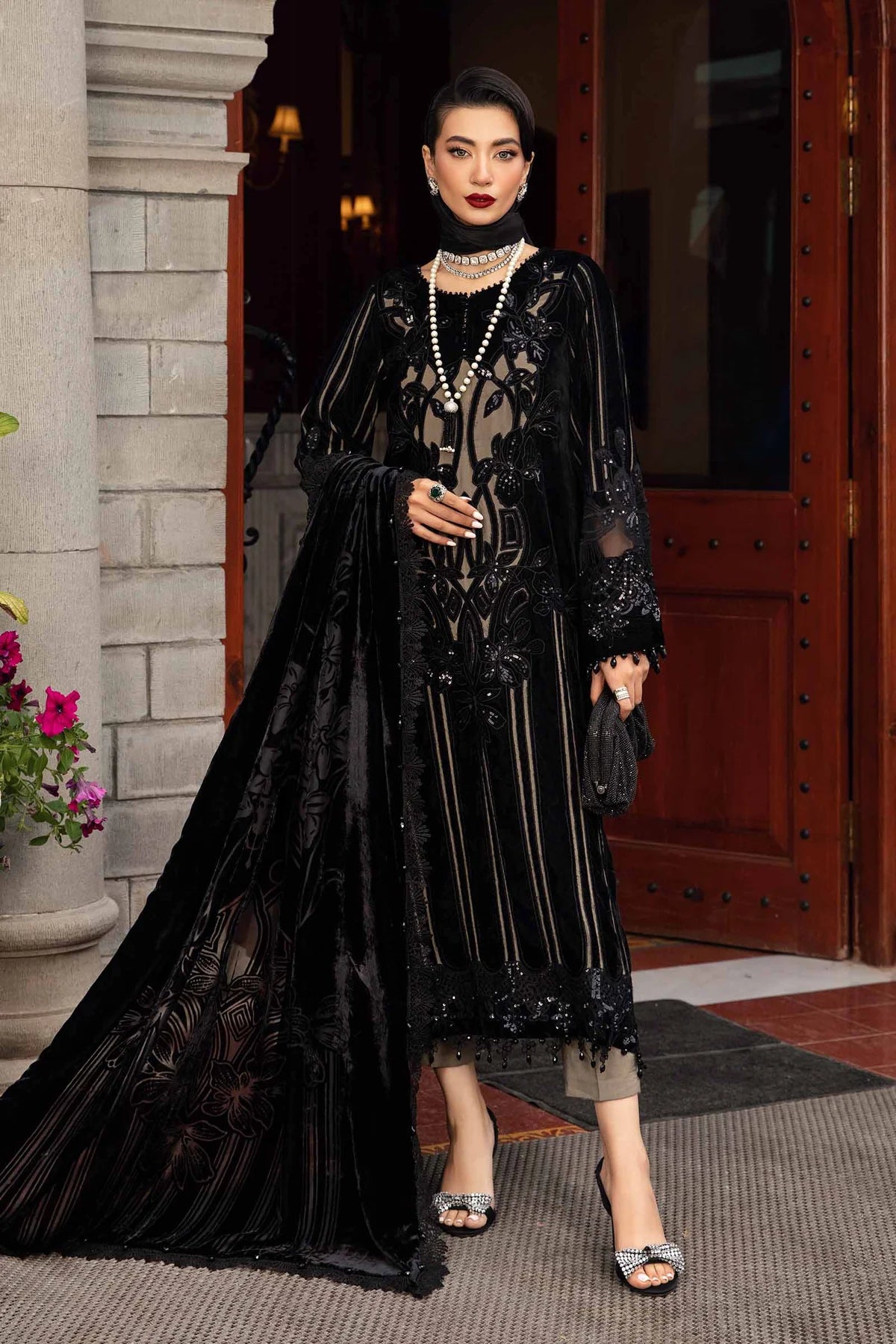 Maria B Inspired Mbroidered Velvet 3 Piece Wedding Outfit Black