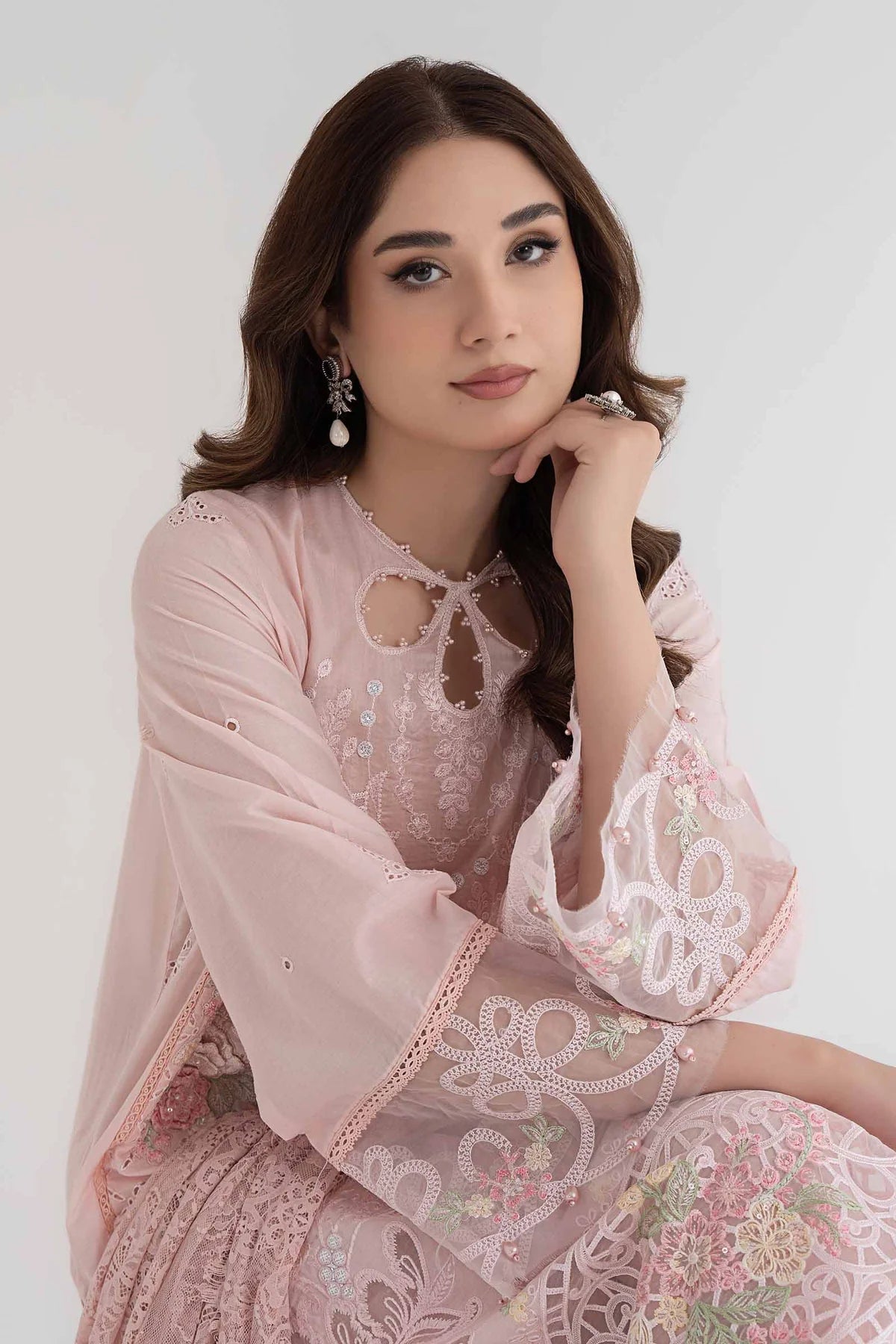 Maria B Inspired Embroidered Peach 3 Piece Outfit With Net Dupatta - Desi Posh