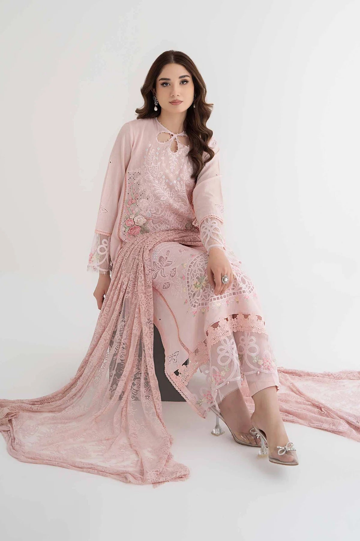 Maria B Inspired Embroidered Peach 3 Piece Outfit With Net Dupatta - Desi Posh