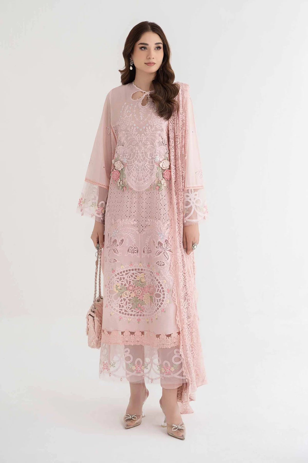 Maria B Inspired Embroidered Peach 3 Piece Outfit With Net Dupatta - Desi Posh