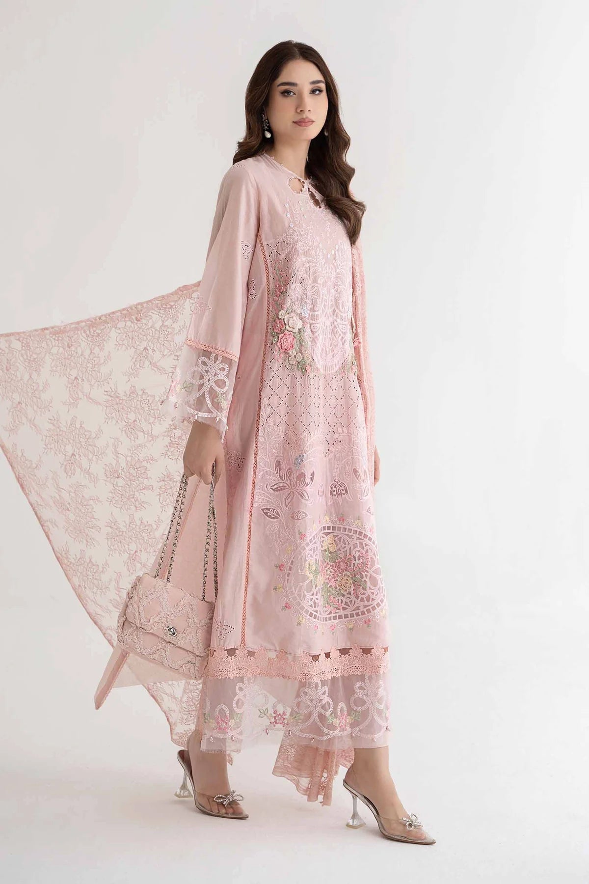 Maria B Inspired Embroidered Peach 3 Piece Outfit With Net Dupatta - Desi Posh