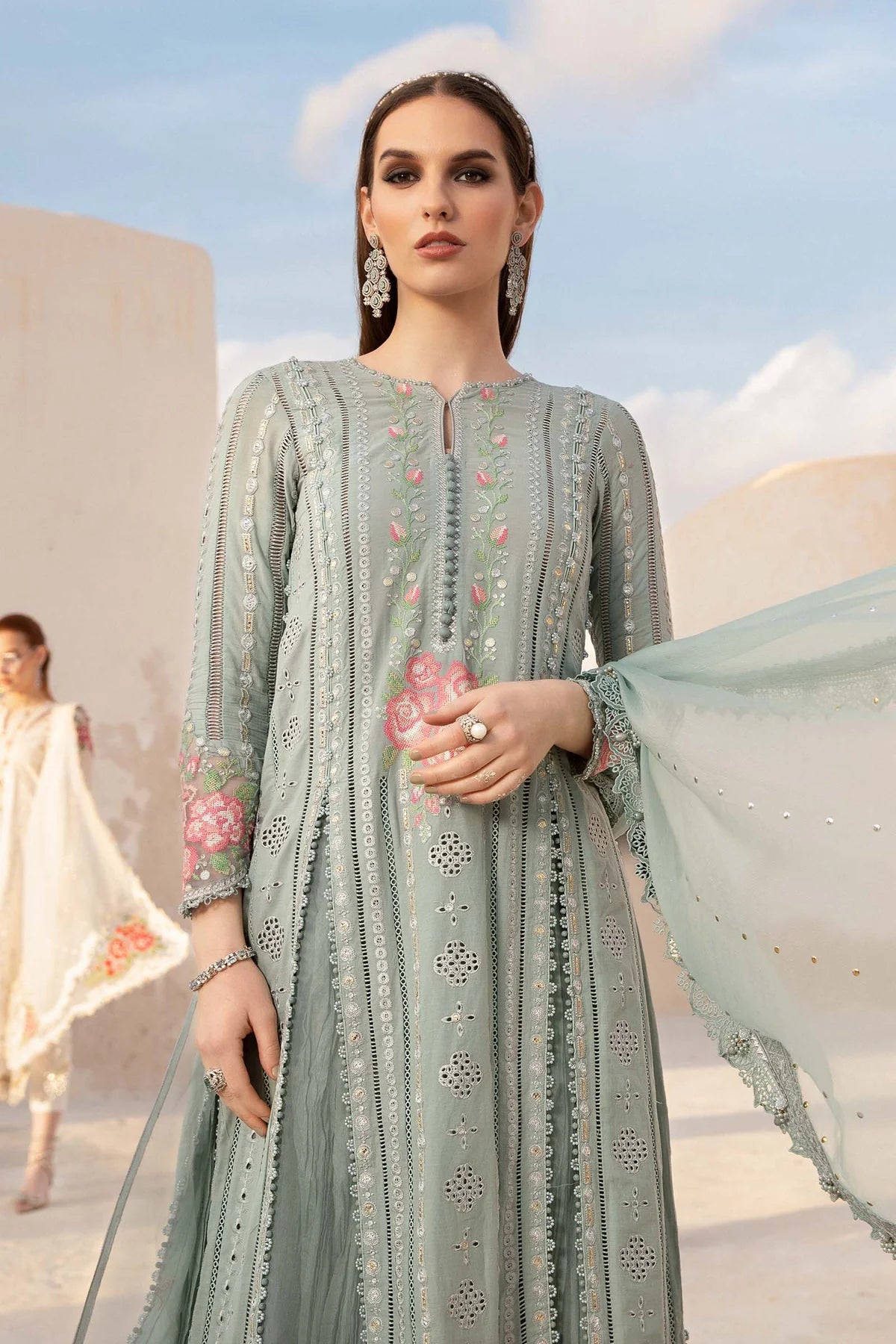 Maria B Inspired Embroidered D2412-B 3 Piece Sharara Outfit With Net Dupatta