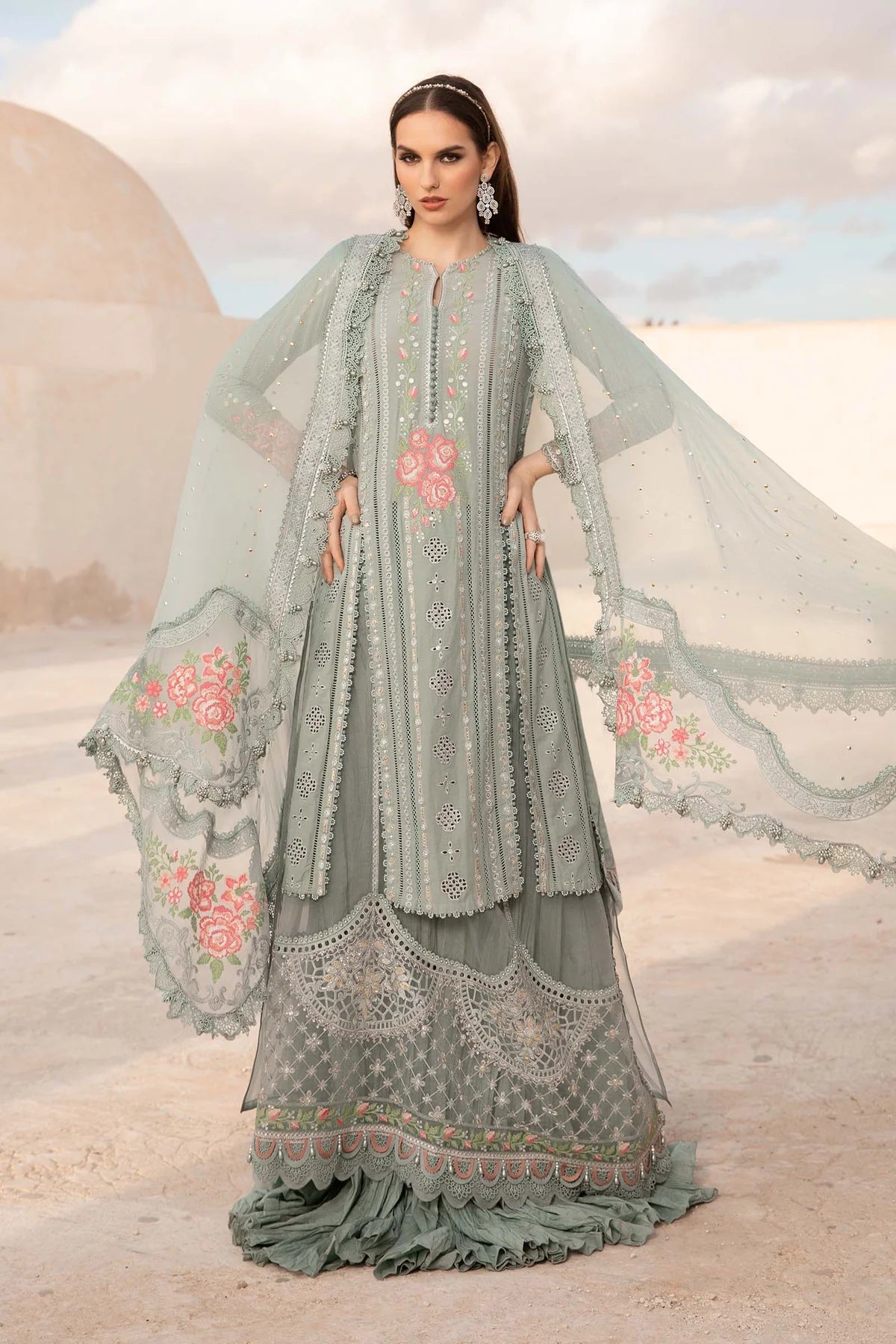 Maria B Inspired Embroidered D2412-B 3 Piece Sharara Outfit With Net Dupatta