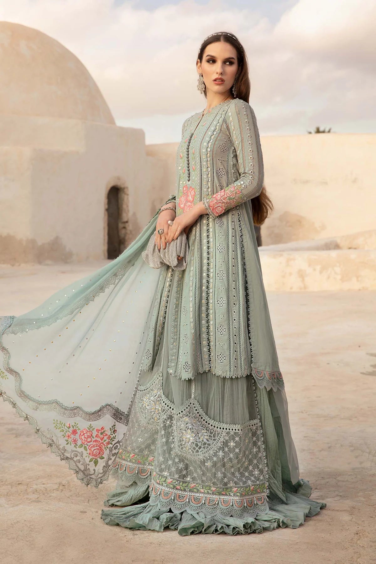 Maria B Inspired Embroidered D2412-B 3 Piece Sharara Outfit With Net Dupatta