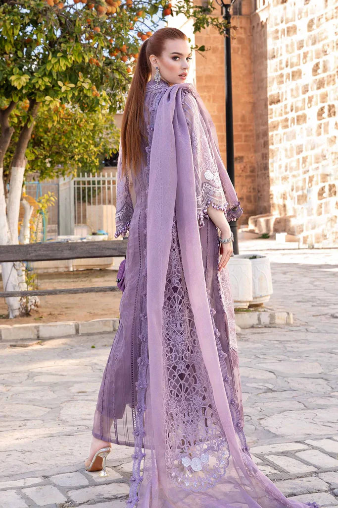 Maria B Inspired Chikan Embroidered Lilac 3 Piece Outfit With Net Dupatta - Desi Posh