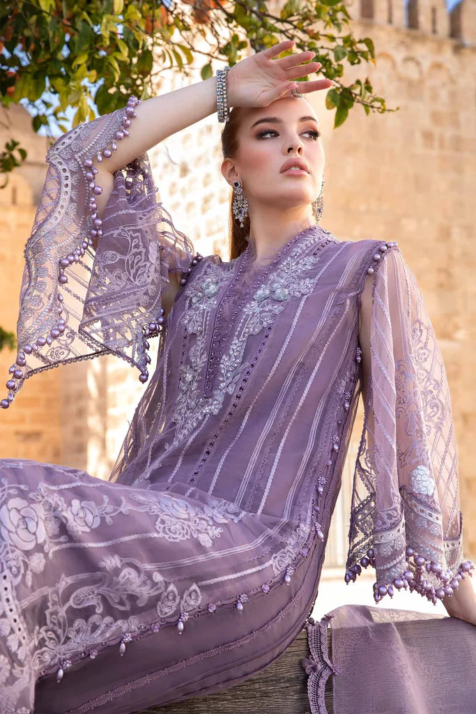 Maria B Inspired Chikan Embroidered Lilac 3 Piece Outfit With Net Dupatta - Desi Posh