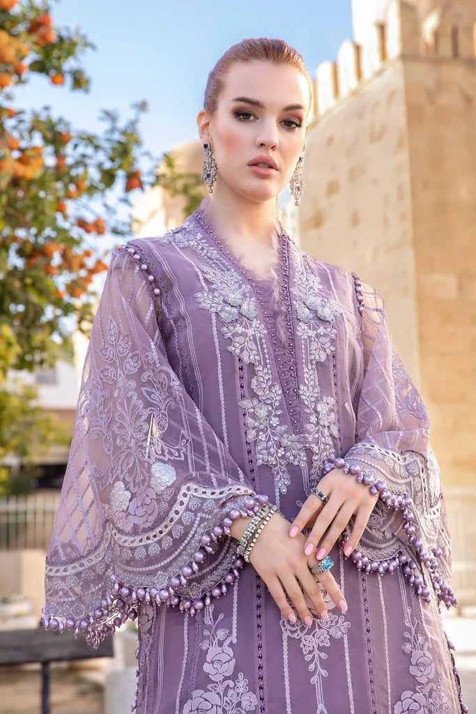 Maria B Inspired Chikan Embroidered Lilac 3 Piece Outfit With Net Dupatta - Desi Posh