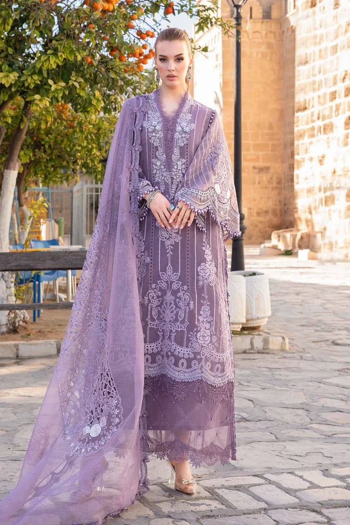 Maria B Inspired Chikan Embroidered Lilac 3 Piece Outfit With Net Dupatta - Desi Posh