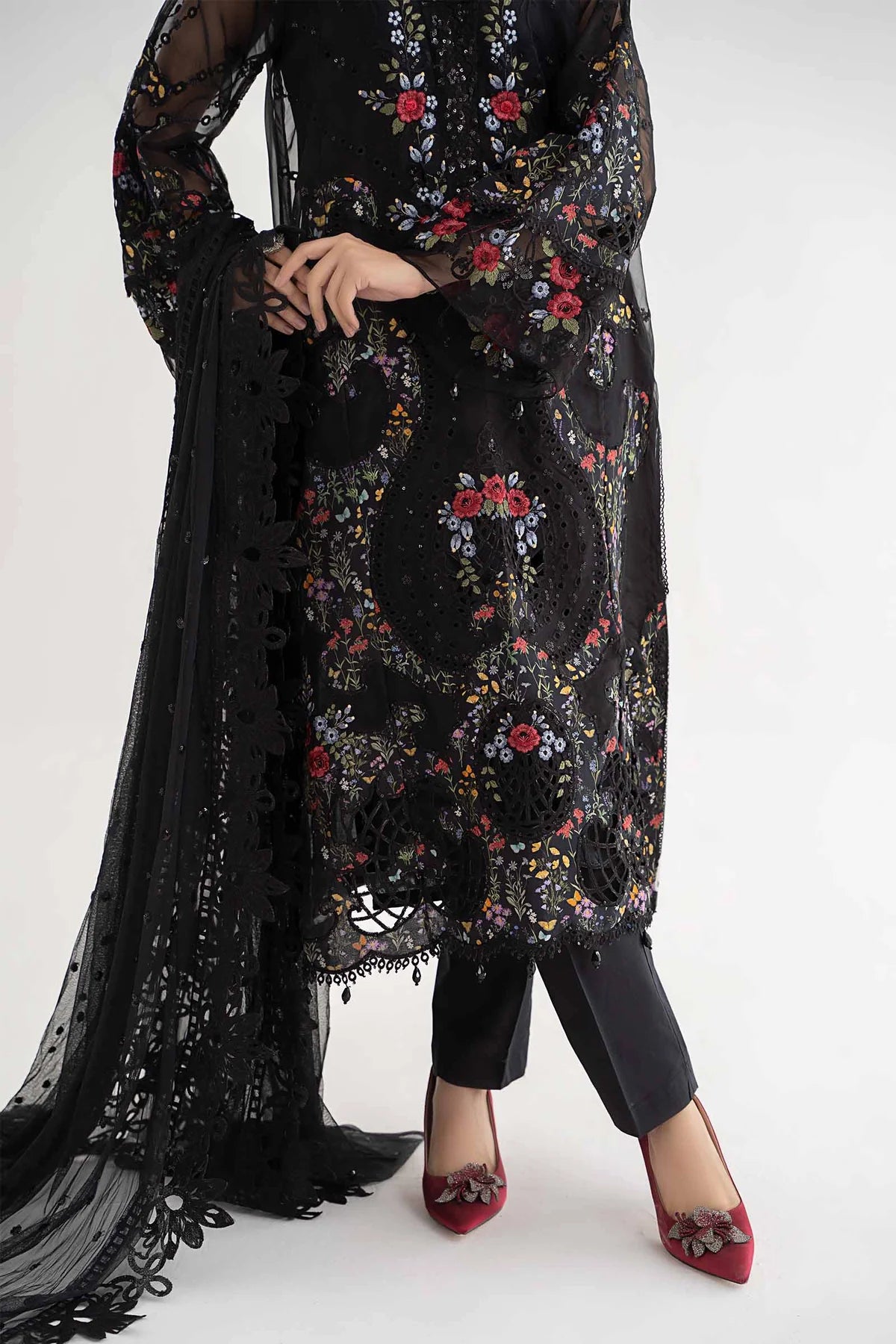 Maria B Inspired Embroidered 3 Piece Outfit With Net Dupatta D-2405-B - Desi Posh