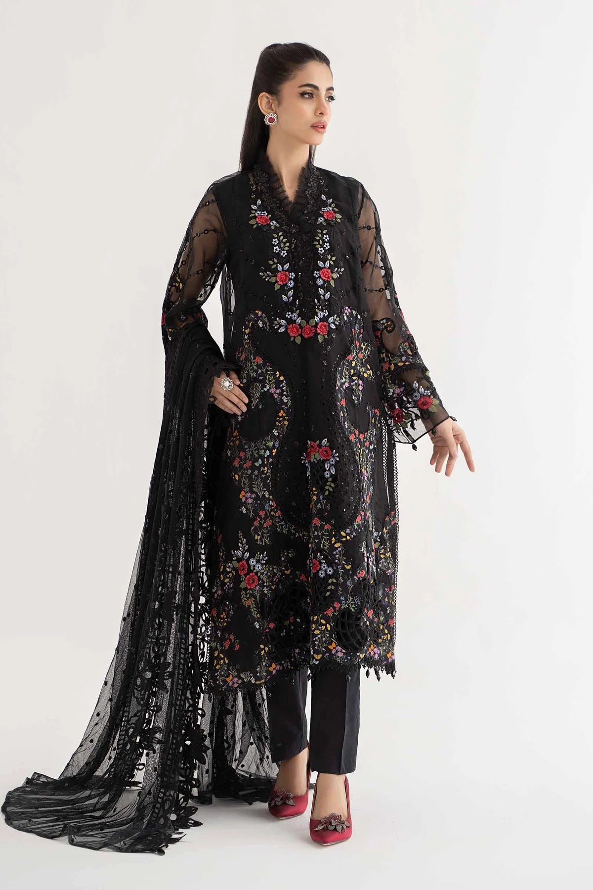 Maria B Inspired Embroidered 3 Piece Outfit With Net Dupatta D-2405-B - Desi Posh