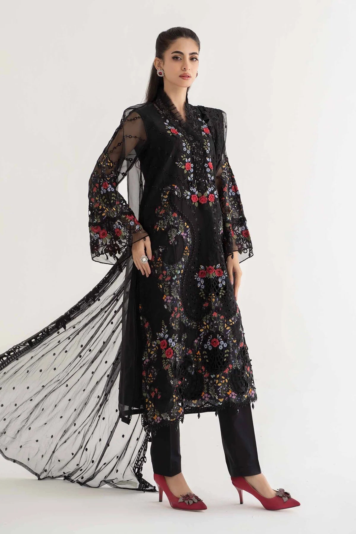 Maria B Inspired Embroidered 3 Piece Outfit With Net Dupatta D-2405-B - Desi Posh