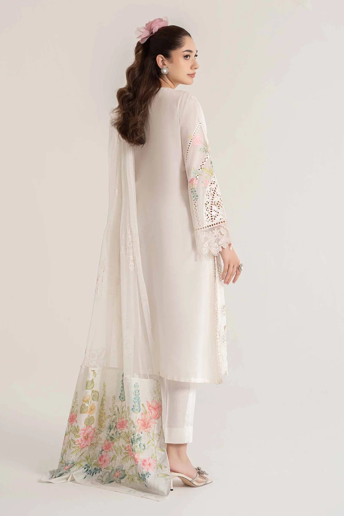 Maria B Inspired Chikan Embroidered White 3 Piece Outfit With Full Sleeves - Desi Posh