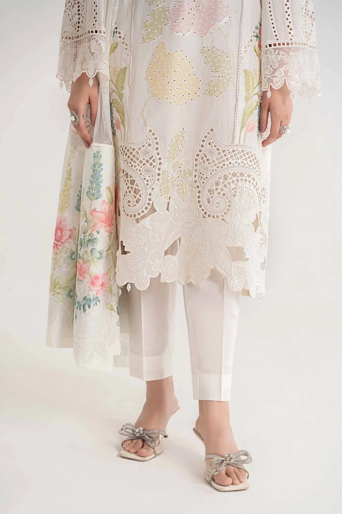 Maria B Inspired Chikan Embroidered White 3 Piece Outfit With Full Sleeves - Desi Posh