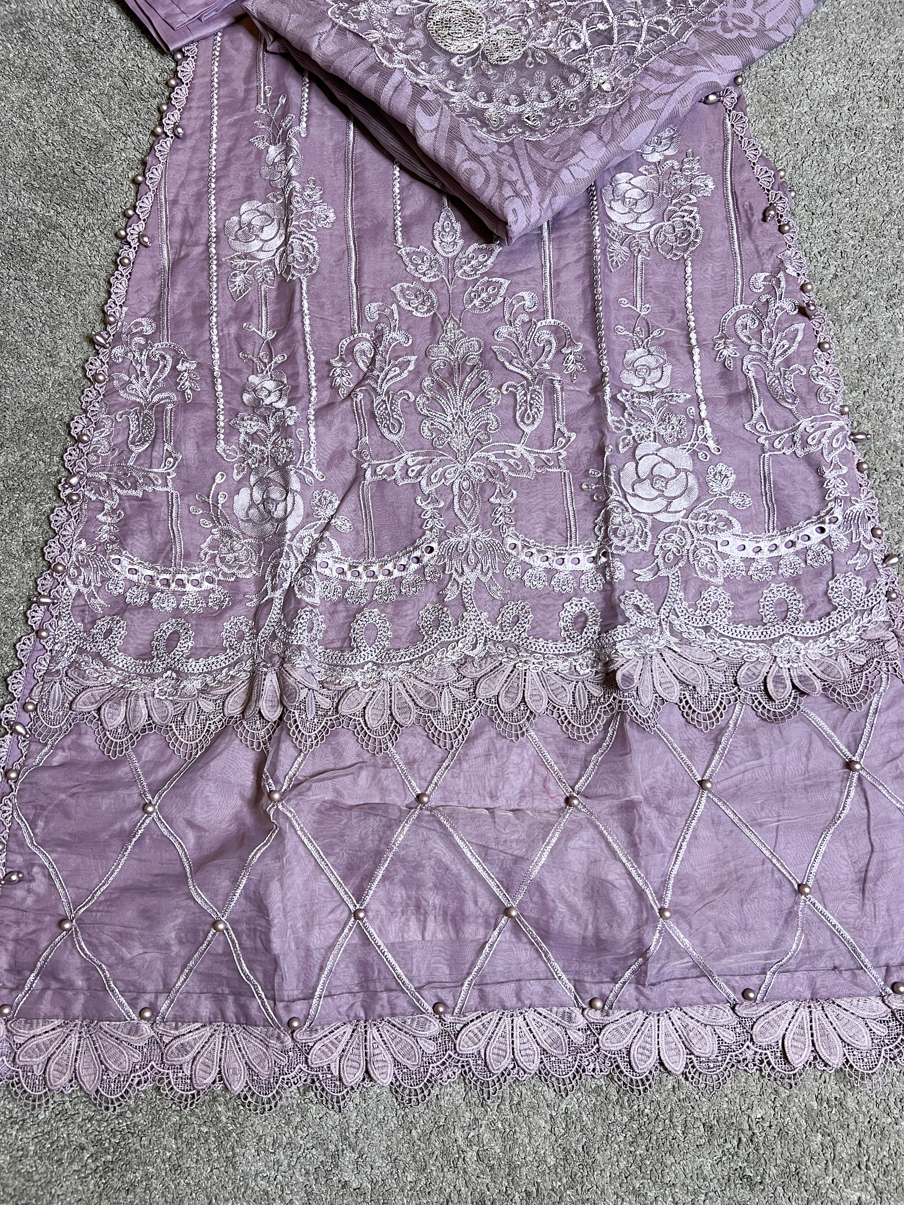 Maria B Inspired Chikan Embroidered Lilac 3 Piece Outfit With Net Dupatta - Desi Posh