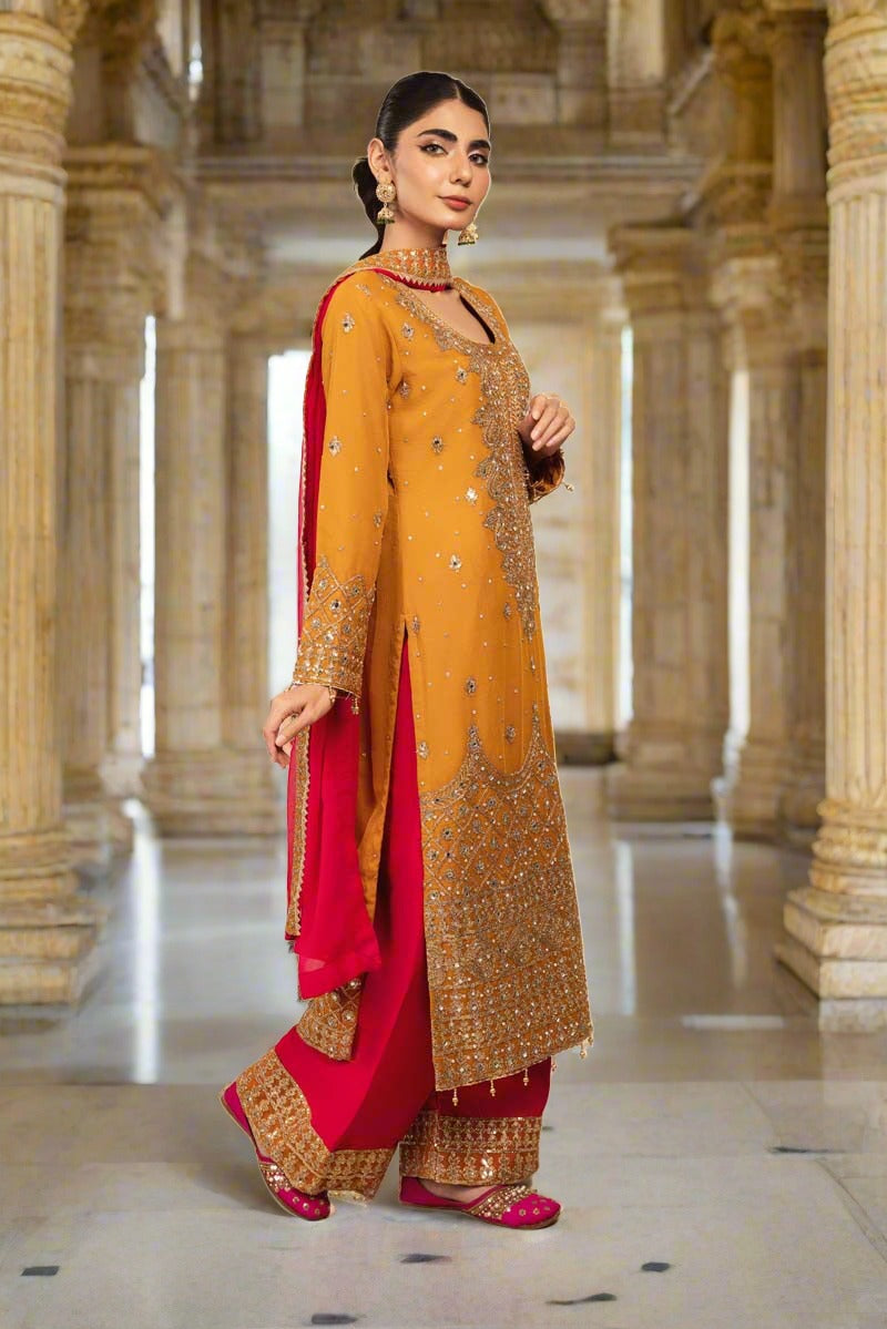 Haris Shakeel Inspired Embroidered Mustard 3 Piece Palazzo Outfit - Desi Posh