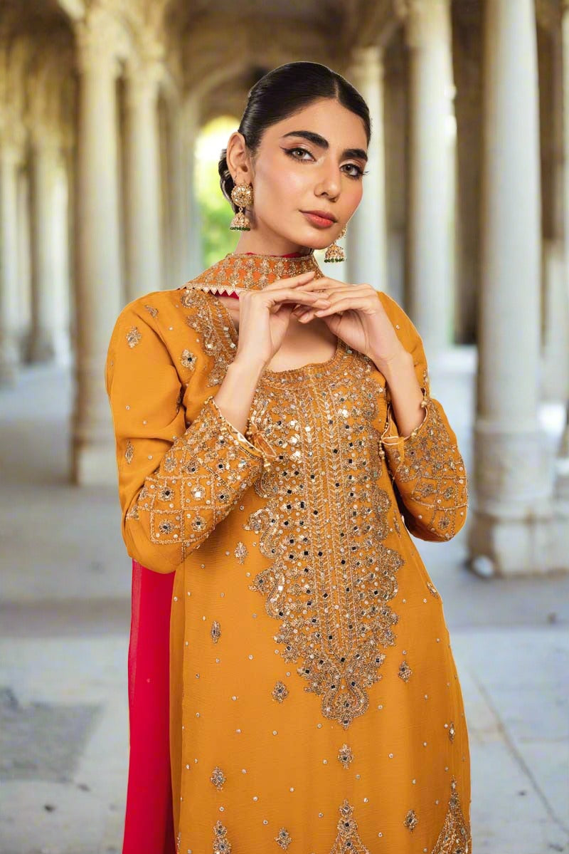 Haris Shakeel Inspired Embroidered Mustard 3 Piece Palazzo Outfit - Desi Posh