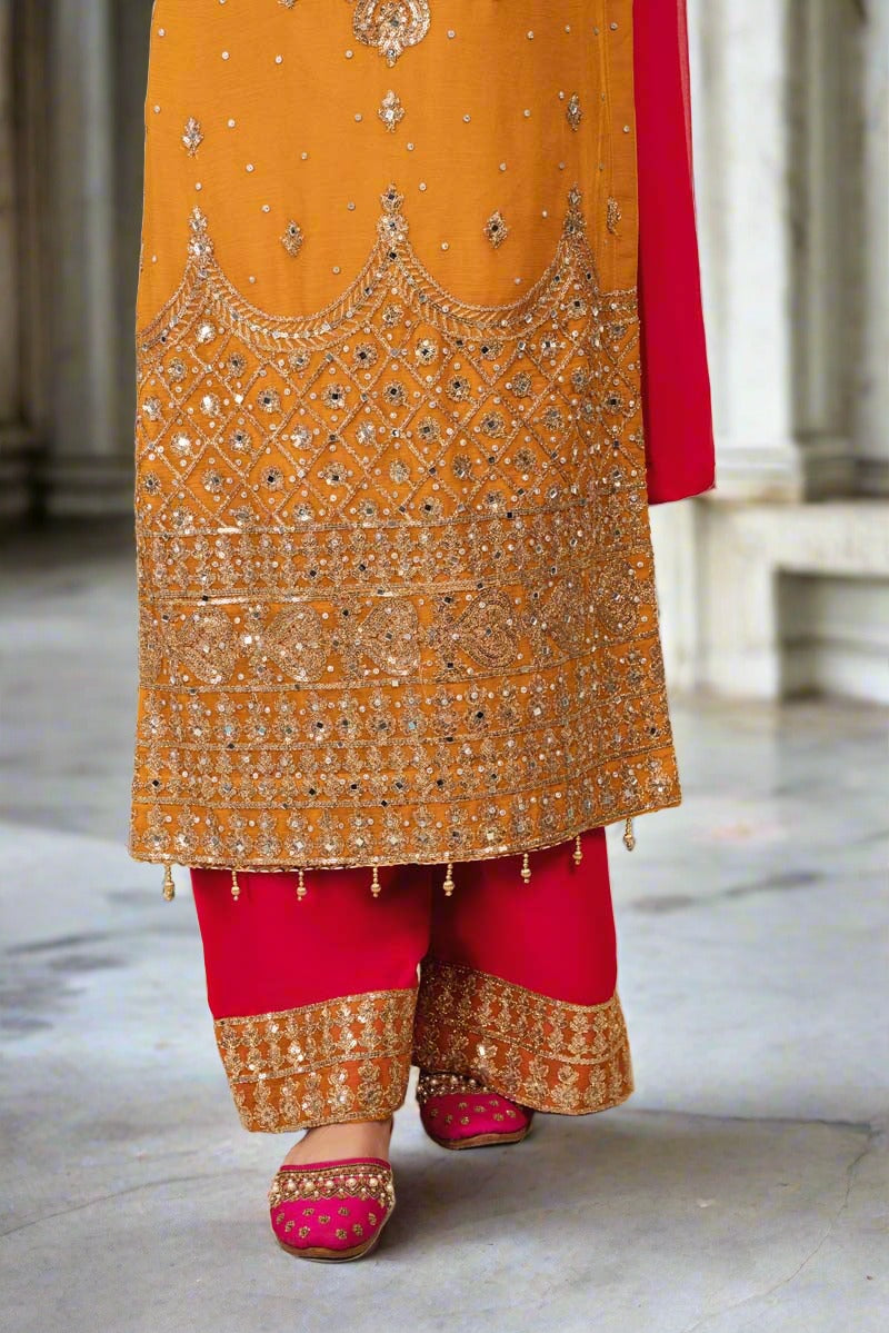 Haris Shakeel Inspired Embroidered Mustard 3 Piece Palazzo Outfit - Desi Posh