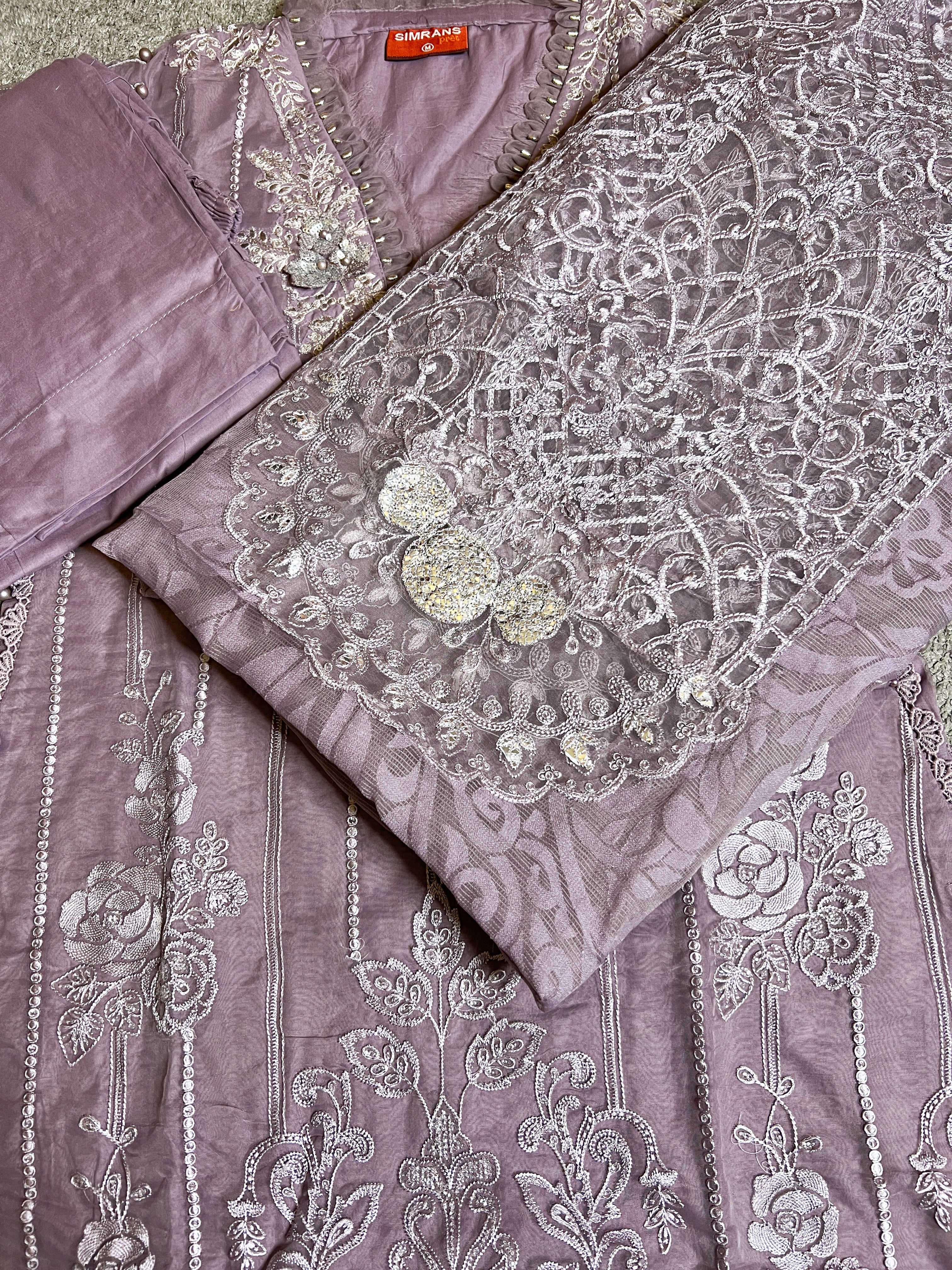 Maria B Inspired Chikan Embroidered Lilac 3 Piece Outfit With Net Dupatta - Desi Posh