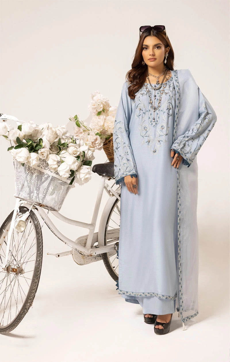 Florence 3 Piece Linen Suit with Organza Net Dupatta FL09 Ice Blue