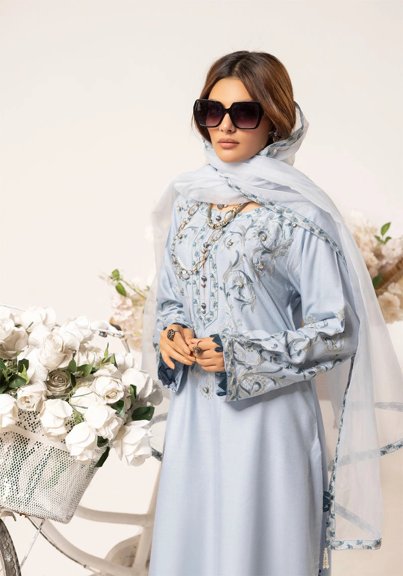 Florence 3 Piece Linen Suit with Organza Net Dupatta FL09 Ice Blue