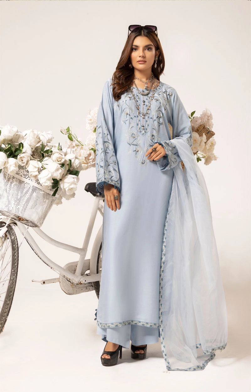 Florence 3 Piece Linen Suit with Organza Net Dupatta FL09 Ice Blue