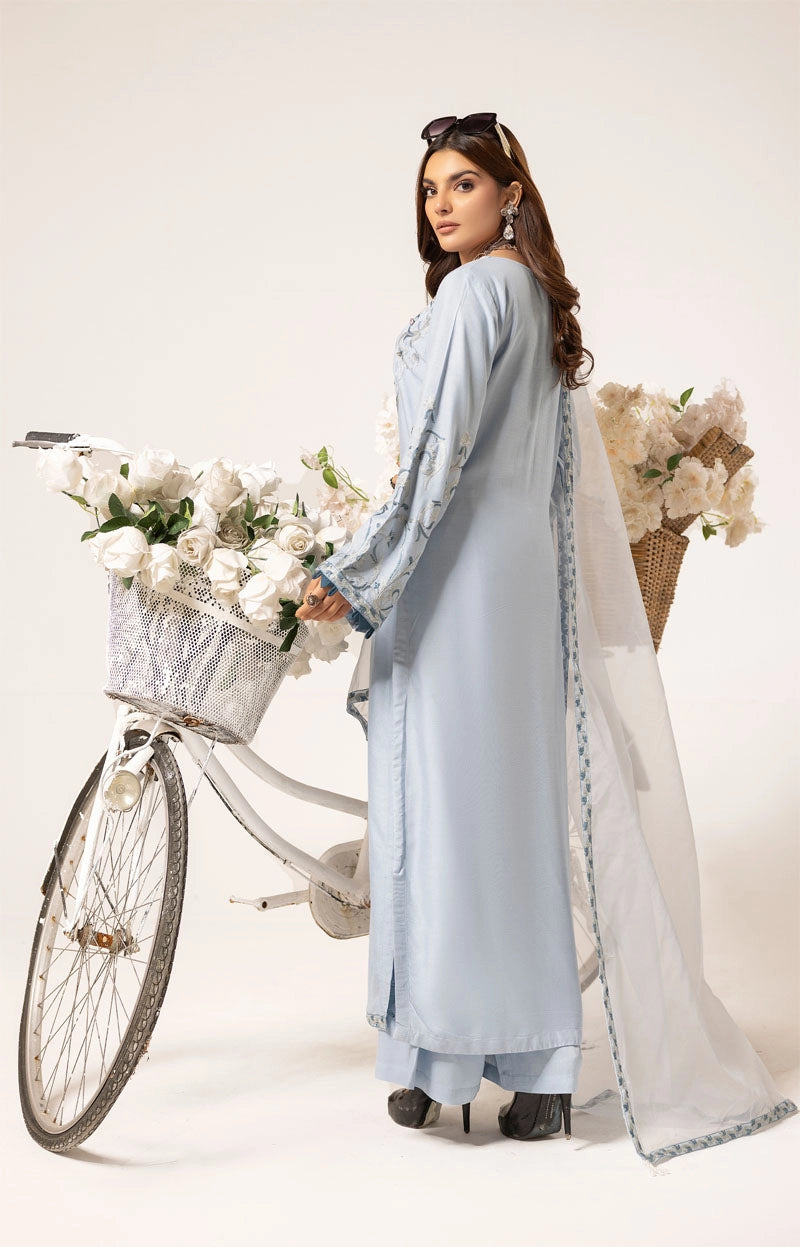 Florence 3 Piece Linen Suit with Organza Net Dupatta FL09 Ice Blue