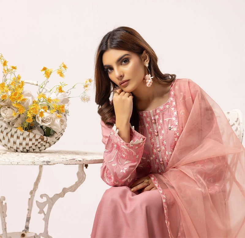 Florence 3 Piece Linen Suit with Organza Net Dupatta FL09 Peach