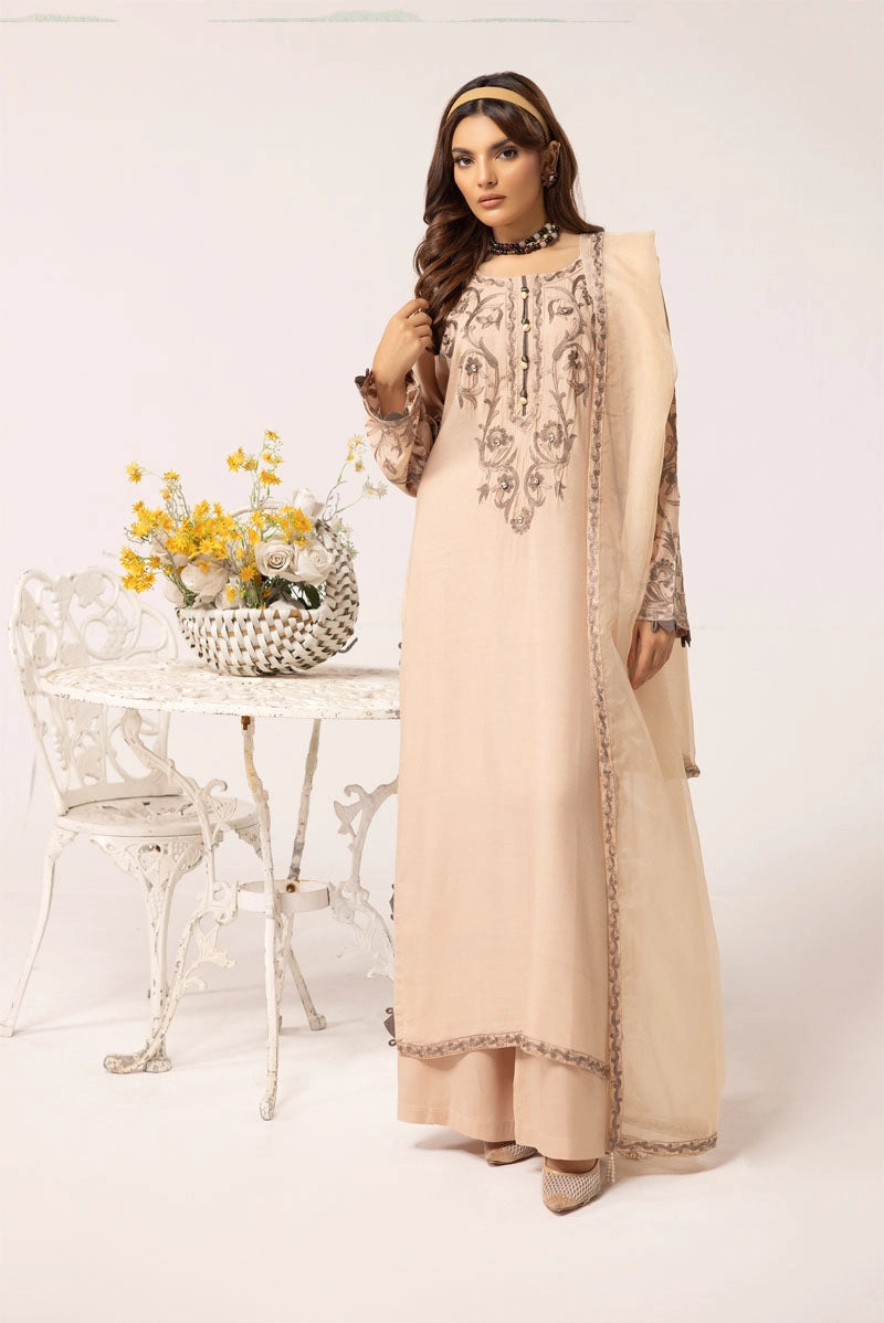 Florence 3 Piece Linen Suit with Organza Net Dupatta FL09 Skin