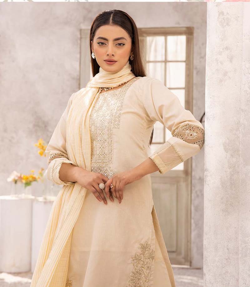 Hussain Rehar inspired Raw Silk 3 Piece Ivory Eid Outfit | Desi Posh