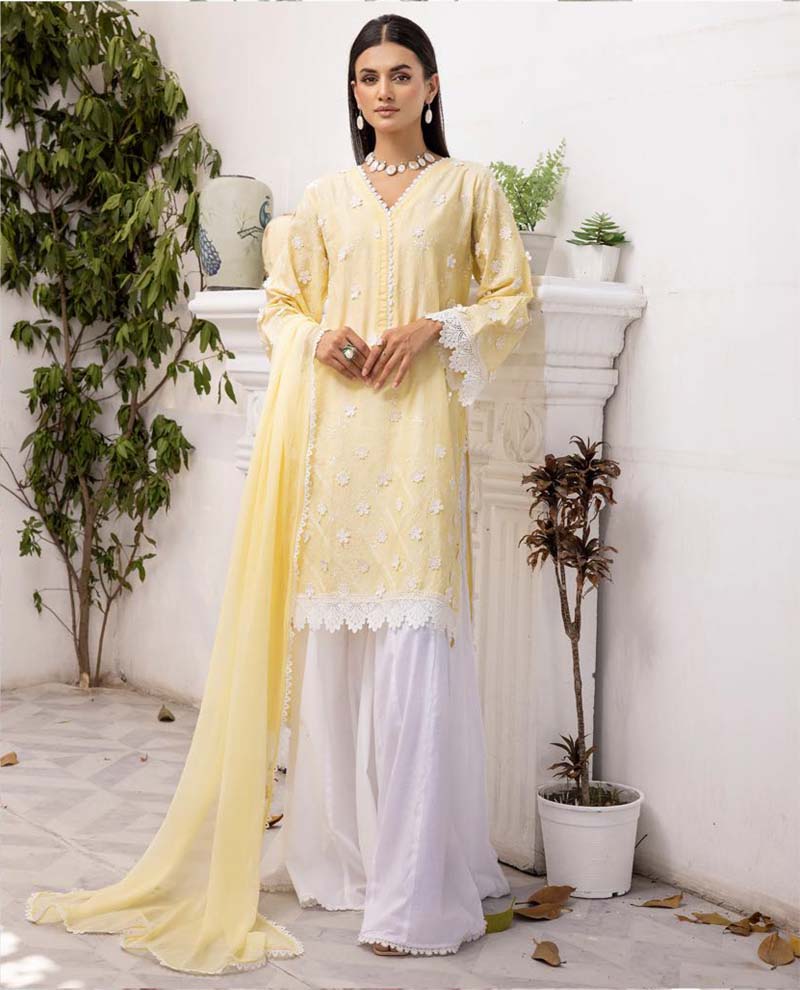 Image Embroidered Chikan Kari Ladies Yellow Sharara Suit - Desi Posh