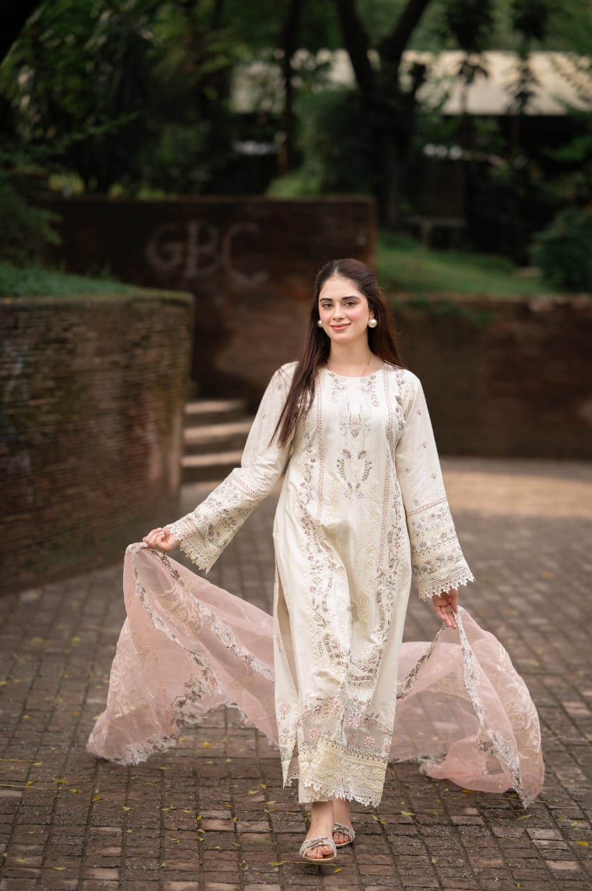 Qalamkar Inspired Chikan Kari 3 Piece Outfit With Net Dupatta FP-13 MELEK