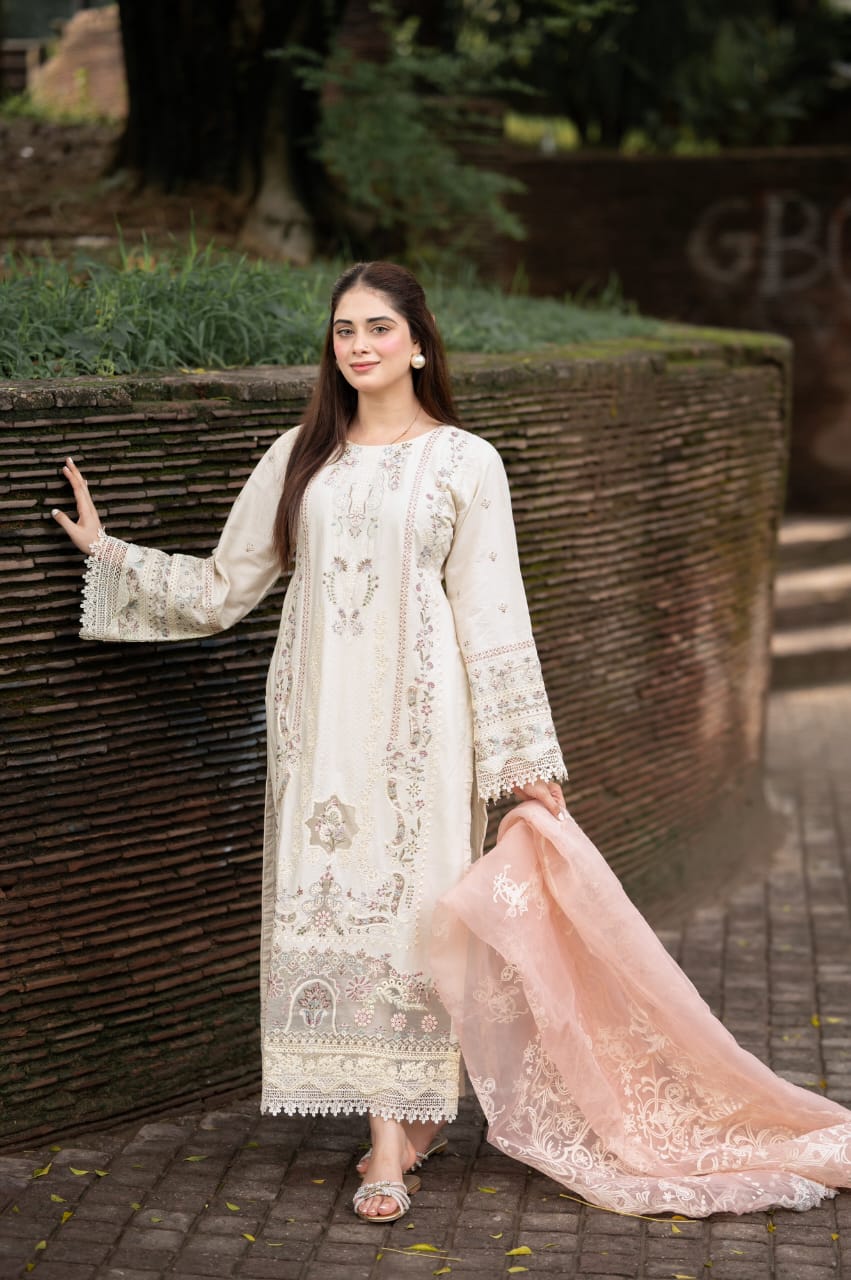 Qalamkar Inspired Chikan Kari 3 Piece Outfit With Net Dupatta FP-13 MELEK