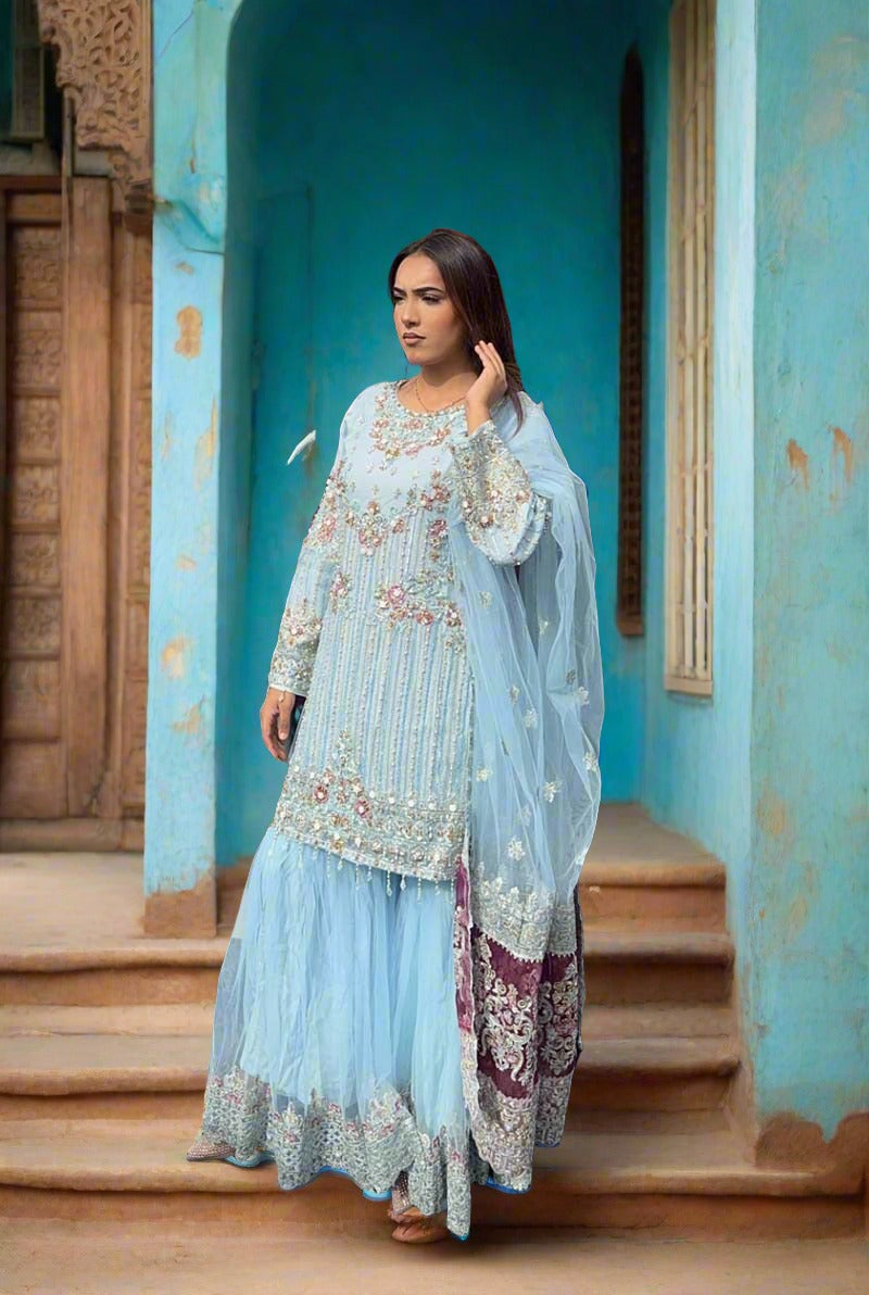 Imrozia Premium Ice Blue Embroidered 3 Piece Wedding Gharara Outfit