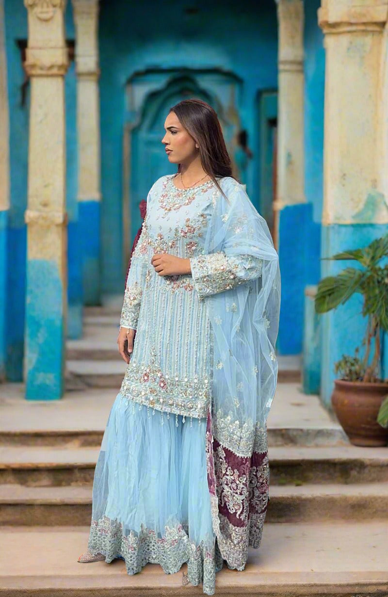 Imrozia Premium Ice Blue Embroidered 3 Piece Wedding Gharara Outfit