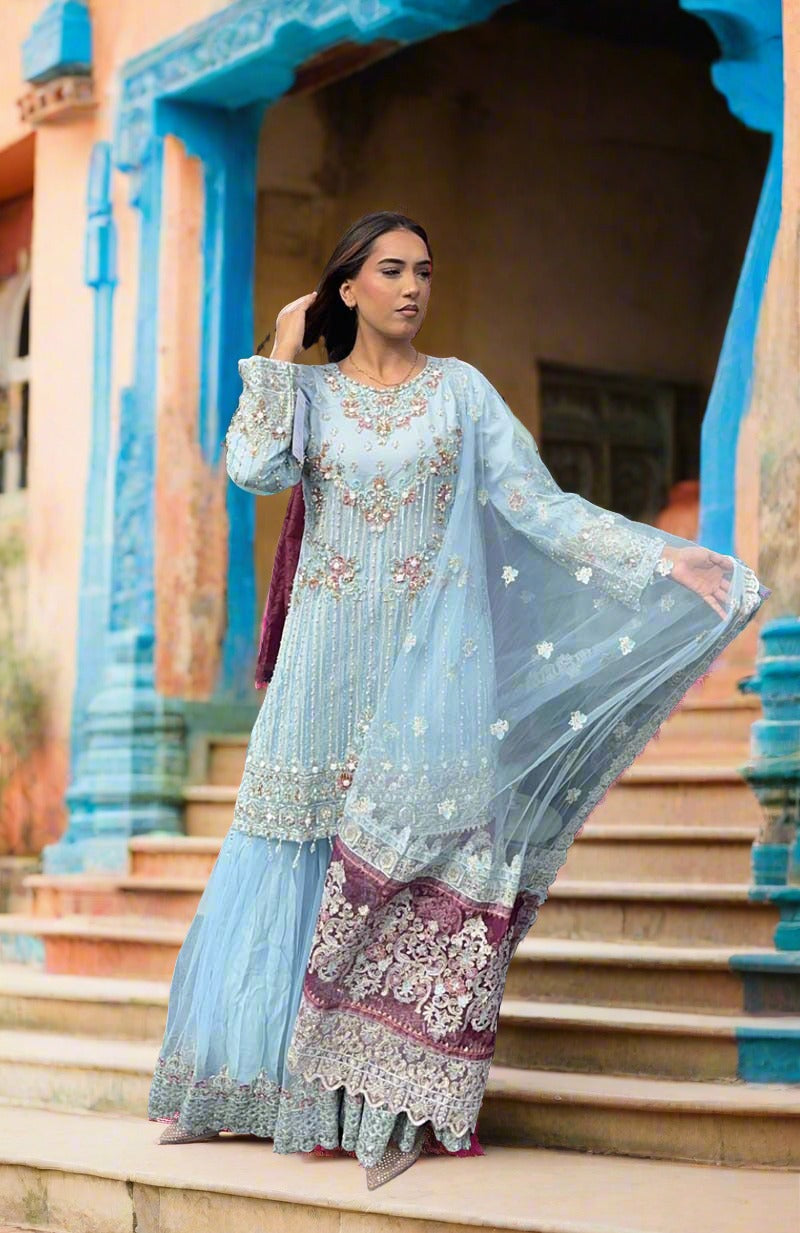 Imrozia Premium Ice Blue Embroidered 3 Piece Wedding Gharara Outfit